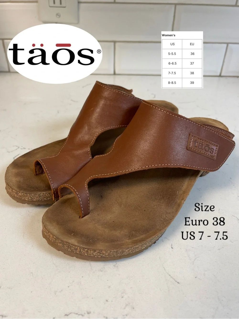 Taos Footwear Womens Loop Sandal Brandy Brown Colored Leather Upper Size Euro 38